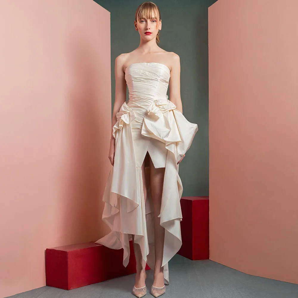 

Customized Ivory Strapless Evening Dress Classic Sleeveless Homecoming Dresses Fashion Asymmetrical Special Occasion Gowns