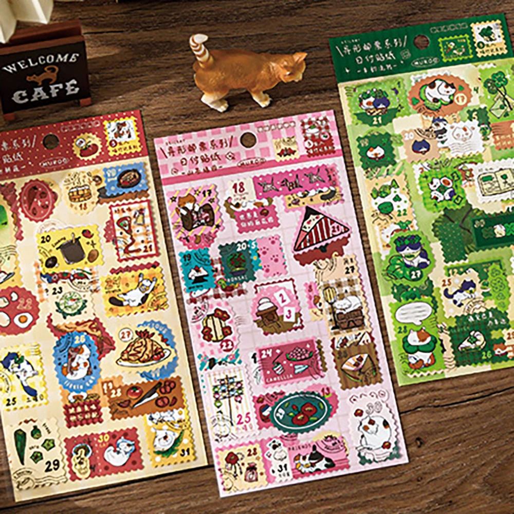 3 أوراق من ملصقات الطوابع الغريبة، سلسلة سفر القطط، كتيبات الطلاب، مواد DIY، ملصقات تزيين دفتر الملاحظات #2