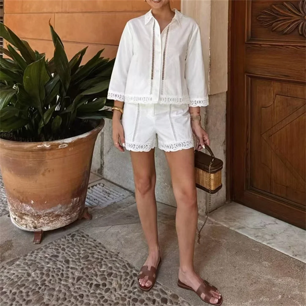 2024 Autumn New Women\'s Clothing European And American Style Fashionable Casual Temperament Crochet Shirt Comfortable Shorts Set