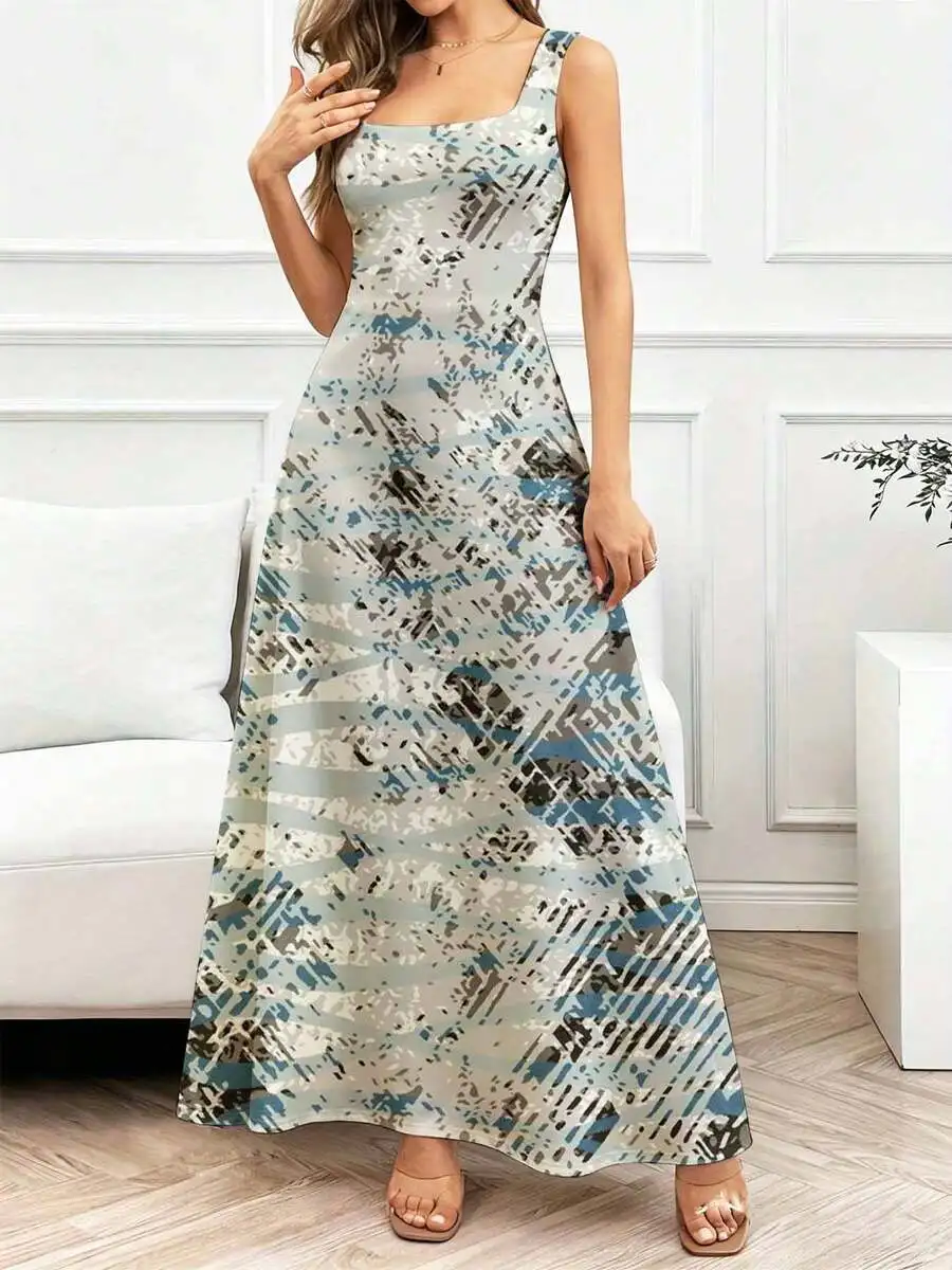 

Square Neck Printed Maxi Dress With Thin Straps Women Casual Sleeveless Long Dress
