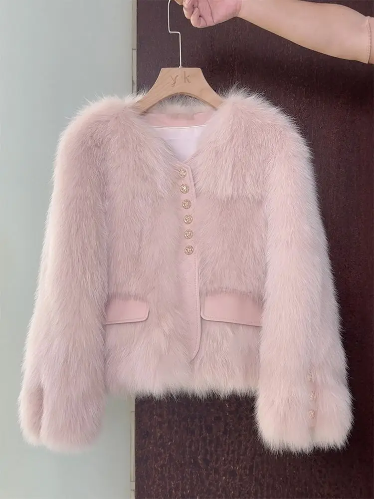 Otoño Invierno abrigo corto de piel sintética para mujer cuello redondo manga larga chaqueta de piel para mujer nuevo engrosamiento de felpa prendas de vestir para mujer wh120