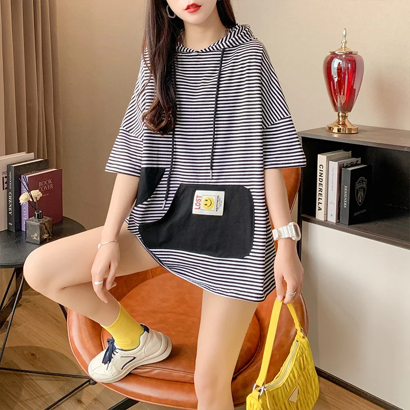 #0625 Spliced Color Hooded T Shirt For Women Loose Front Pockets Long T Shirt Female Cute Striped T Shirts Female Short Sleeves