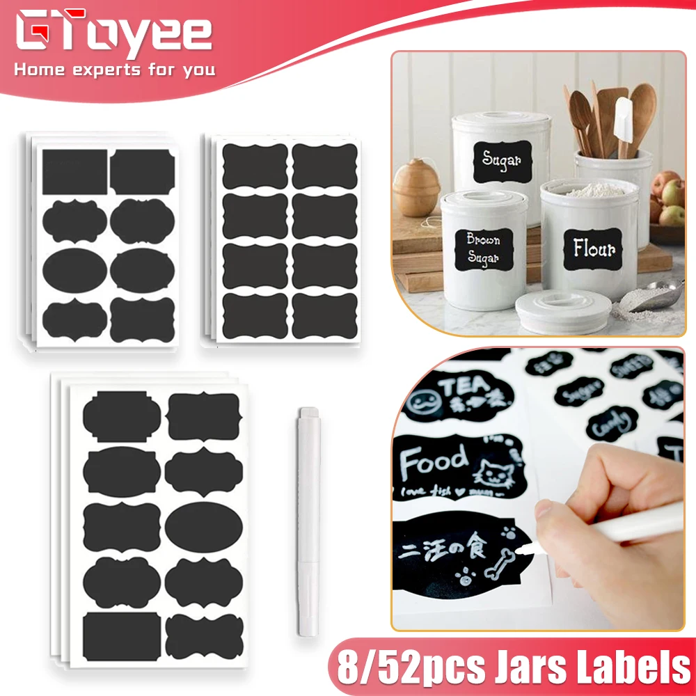 8-52PCS/Set Jars Labels Erasable Chalkboard Sticker Waterproof Craft Kitchen Blackboard Sticker Bottle Tag with White Marker Pen