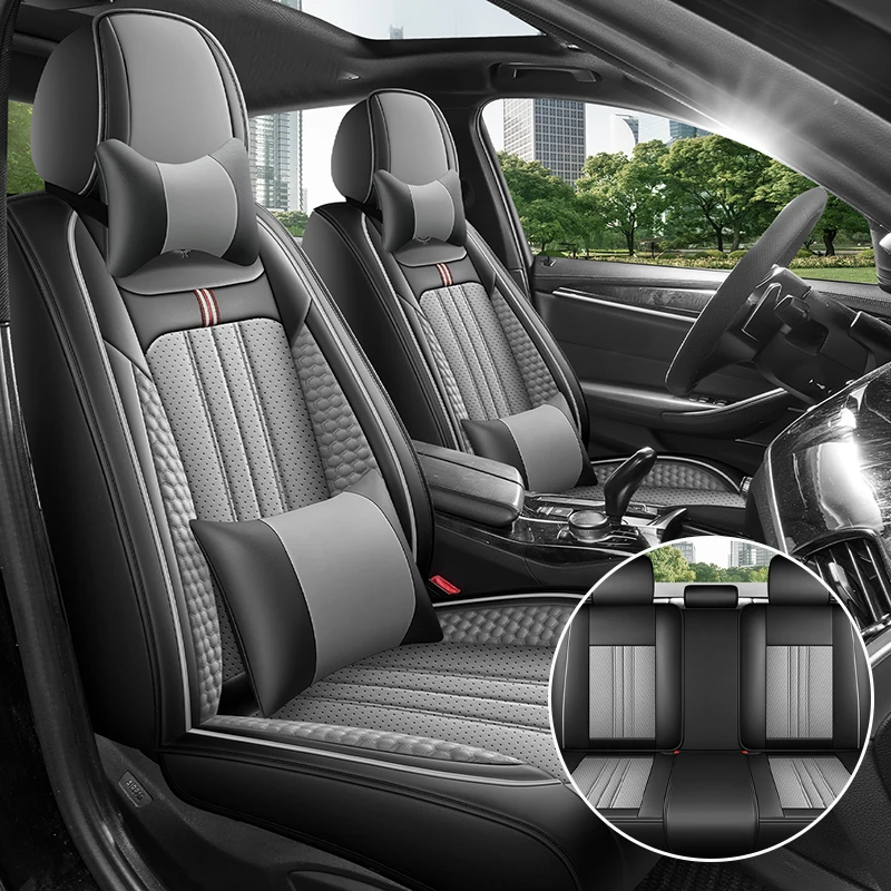 (Luxury Edition) the Car Has Five Seats, Equipped with 2 Comfortable Headrests and 2 Soft Lumbar Supports, Luxury Pu Leather Full-Cover Car Seat Covers, Universal Fit, Breathable Perforated Design, Refreshing and Not Stuffy, Comfortable for All Seasons, Easy to Clean and Maintain, Three-Dimensional Winged Support, Enhance the Driving Experience, Available in Five Colors, Suitable for Various Models Such as Sedans, Suvs, Trucks, Etc