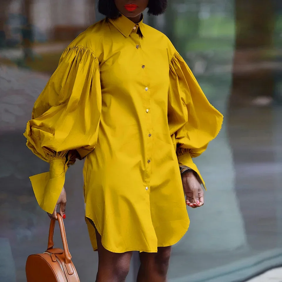 Robe chemise ample à manches bouffantes pour femmes, grande taille européenne et américaine, couleur unie, décontractée, manches longues, robes de soirée élégantes pour femmes