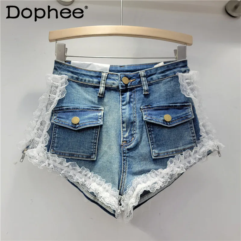 Herbst Neue Vintage-Mode Sexy Mädchen Seite Zipper Spleißen Spitze Mesh Waschen Wasser Alte Denim Shorts Hot Pants Shorts für Frauen