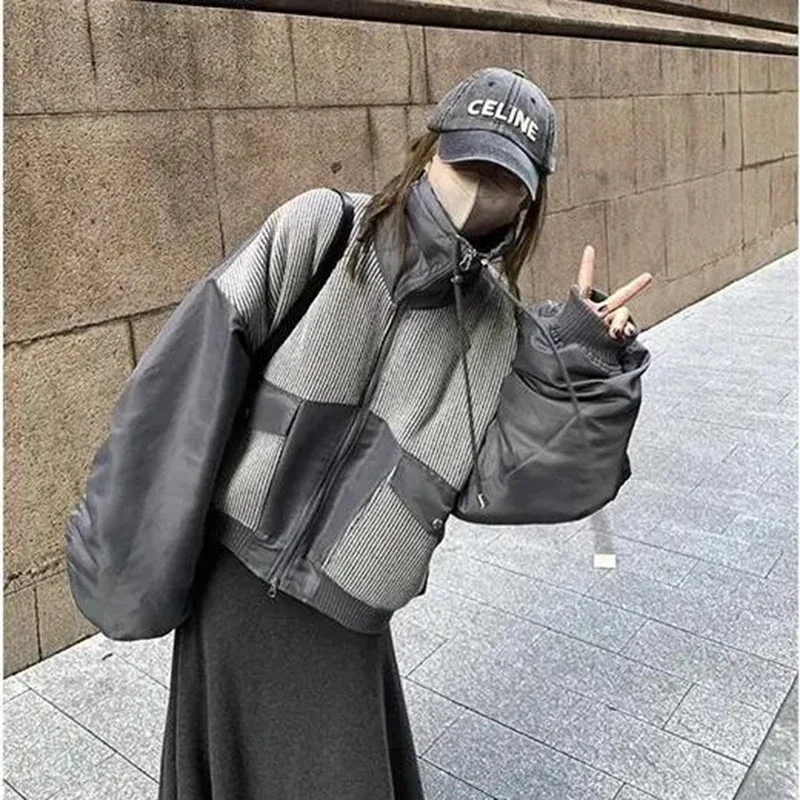 GIDYQ American Retro Patchwork Warm Jacket Women Korean Loose Cotton Coat Y2k Streetwear Vintage Thicken Splicing Parkas New