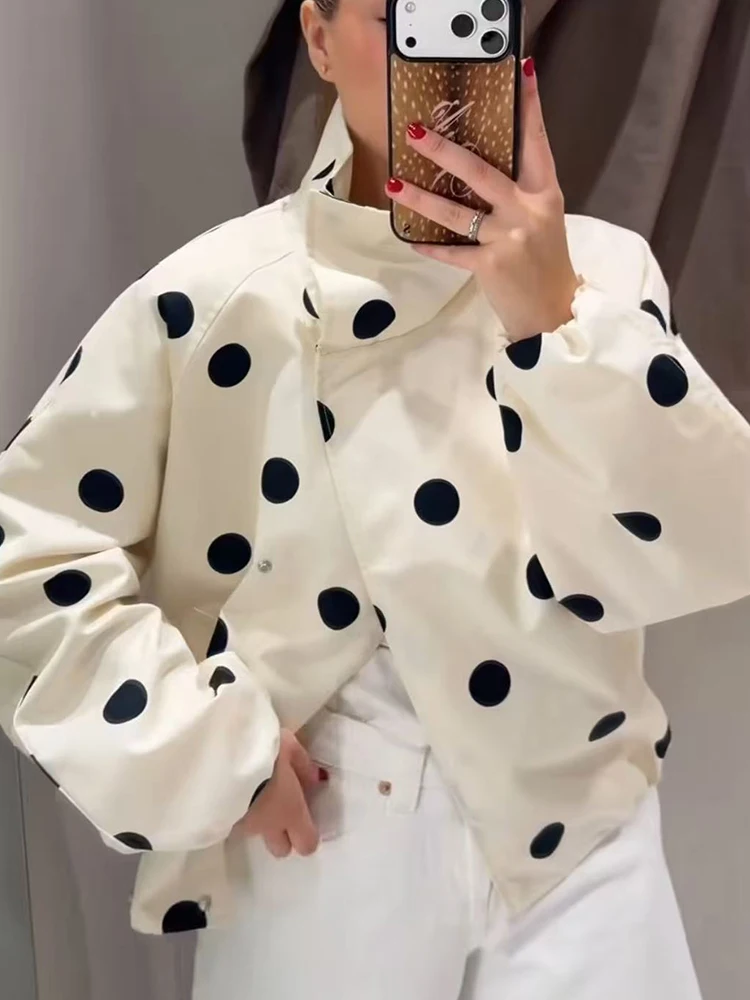 TFMLN Women Retro Polka Dot Printed Bomber Jacket Stand Collar Oversized Streetwear Spring Casual Trendy Outerwear 2026 New