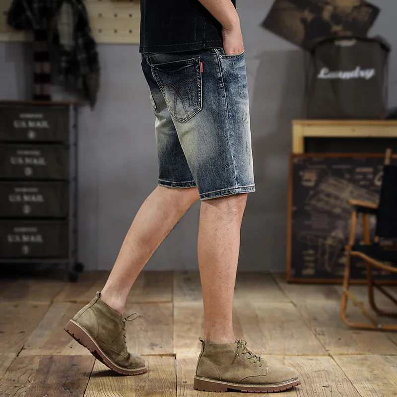 Street Retro Washed Denim Shorts Men's Summer Fashion Nostalgic Scrape Straight Slim Fit Trendy Capris Middle Pants