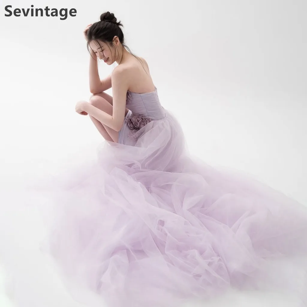 Sevintage 2025 violet clair Tulle corée robe de soirée courte fleurs faites à la main sans bretelles robe de bal mode fête Fown personnalisé