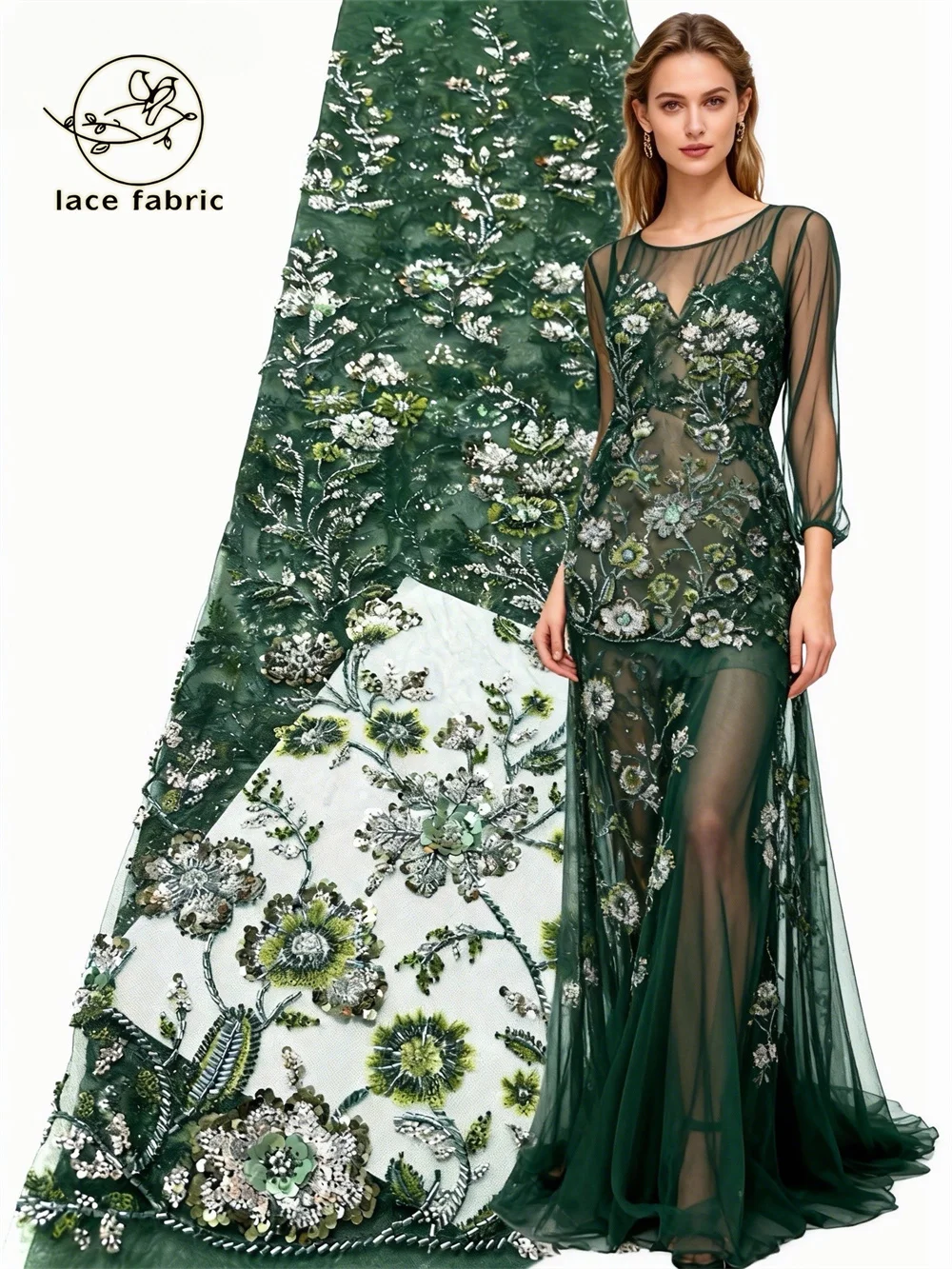 

Green African Sequins Mesh Lace Fabric 2026 High Quality French Beaded Lace Fabric Nigerian Lace Fabrics For Women Party Dress
