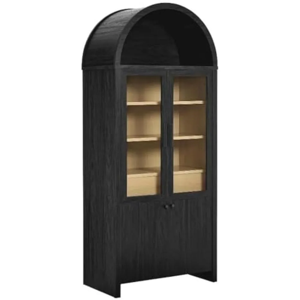 Evie Arched Display Cabinet in Black Oak - Modern Tall Storage Cabinet with Shelves - Sophisticated Glass Door Bookcase -