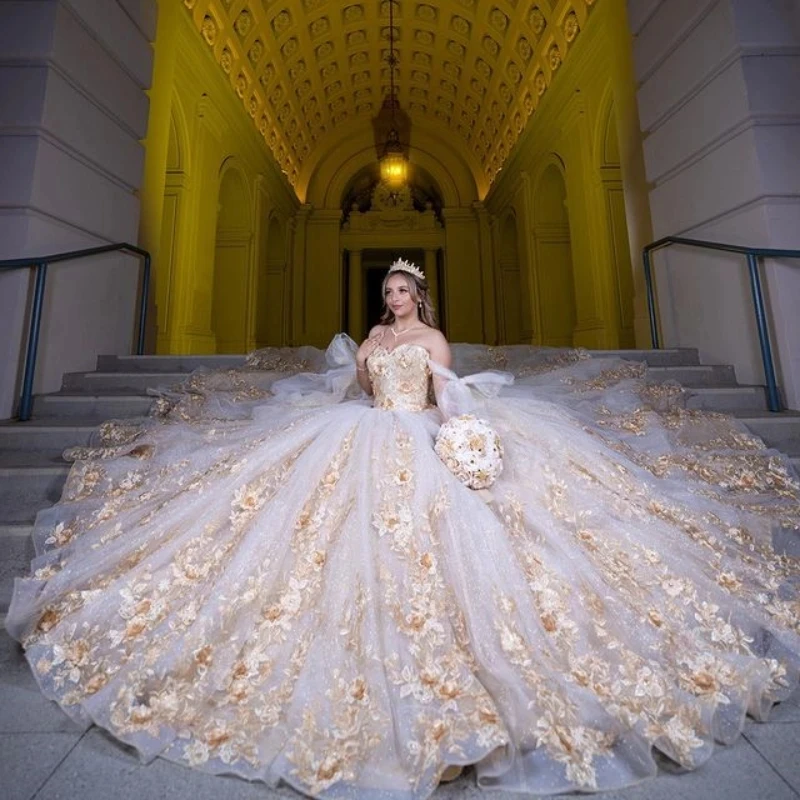 Lorencia szampańska błyszcząca sukienka na Quinceanera 2023 suknia balowa kochanie aplikacje kwiaty słodkie 16 sukienka Vestidos De Fiesta YQD244