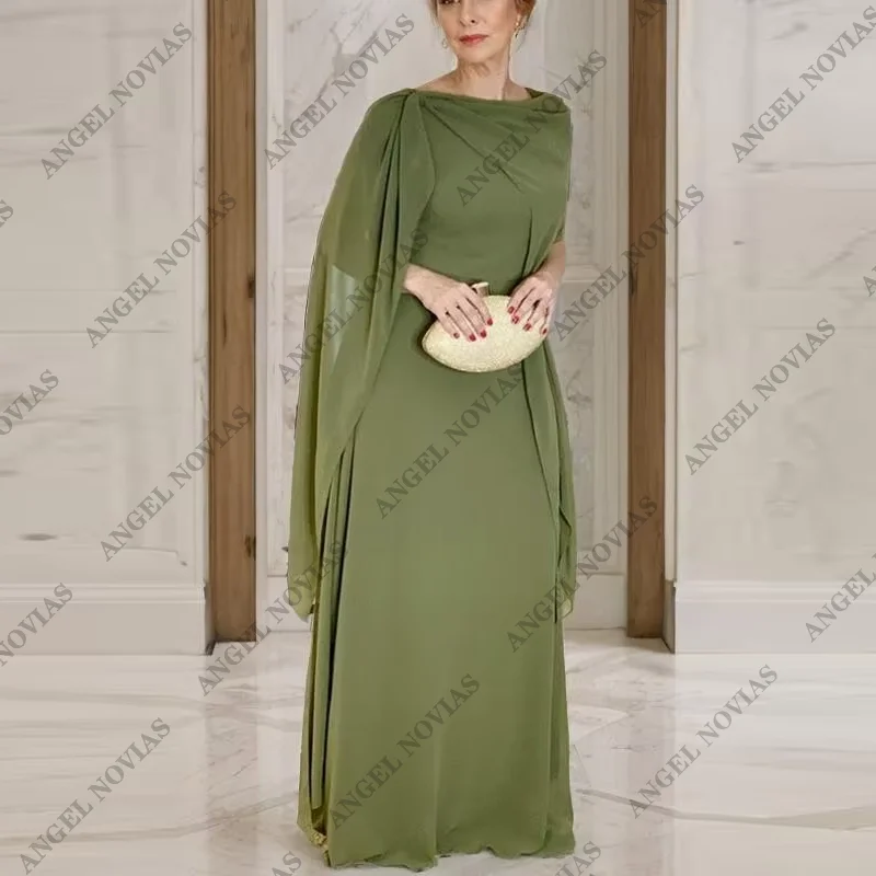 Aangepaste groene vloerlengte cape ruches chiffon formele avondjurk moeder van de bruid jurken plooi avondjurk