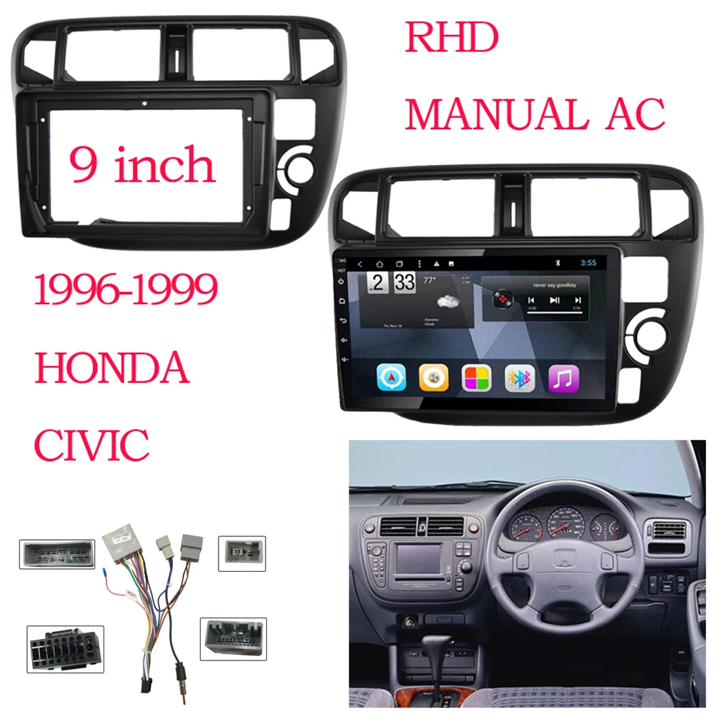 9 inch Car Fascia Radio Panel for HONDA CIVIC EK3/EK4/EK9 1995-1999 Dash Kit Install Facia Console Bezel Adapter Plate Trim