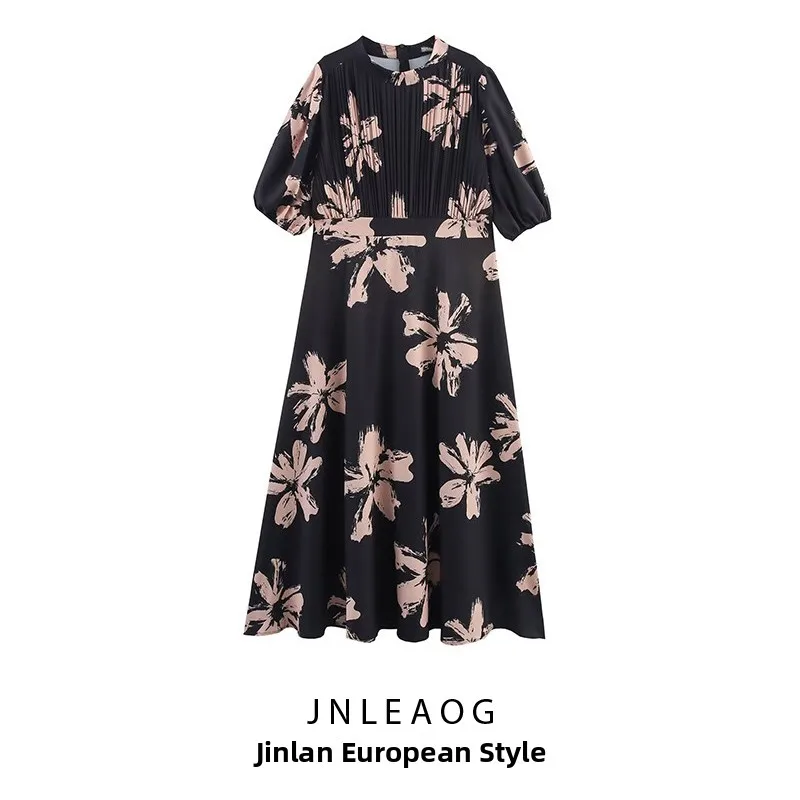 فستان أنيق بطباعة عصرية وياقة صغيرة وحزام خصر، تصميم جديد للنساء من JNLEAOG لربيع هذا العام، خصر مرتفع، مصنوع من ألياف البولي...
