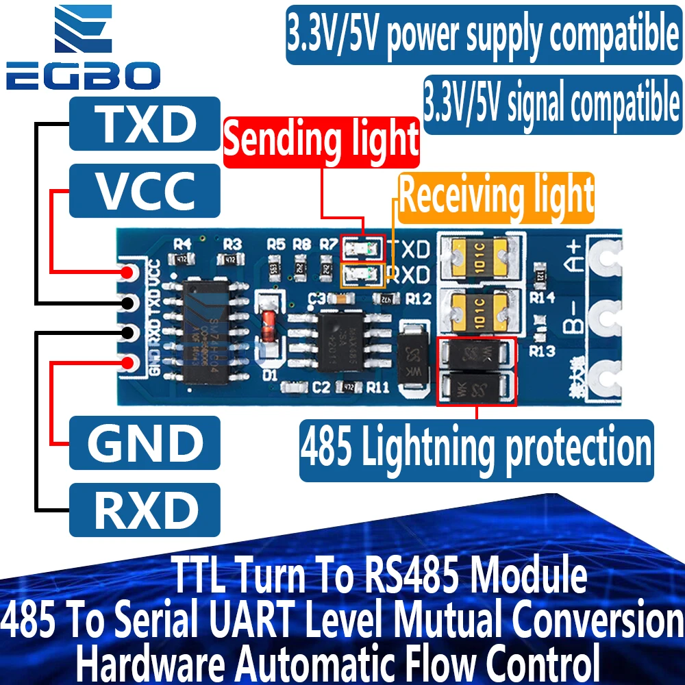 TTL Turn To RS485 Module 485 To Serial UART Level Mutual Conversion Hardware Automatic Flow Control Power Supply Module 3.3V 5V