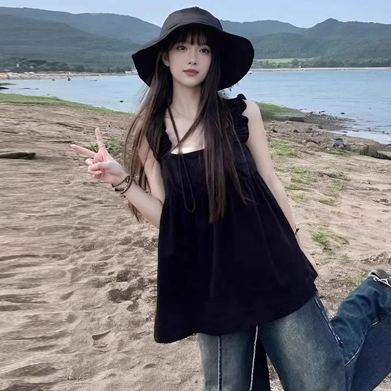 French Spice Girl Fungus Sling Squard Collar Y2k Korean Vacation Style A-line Casual Camis Harajuku All Match Top