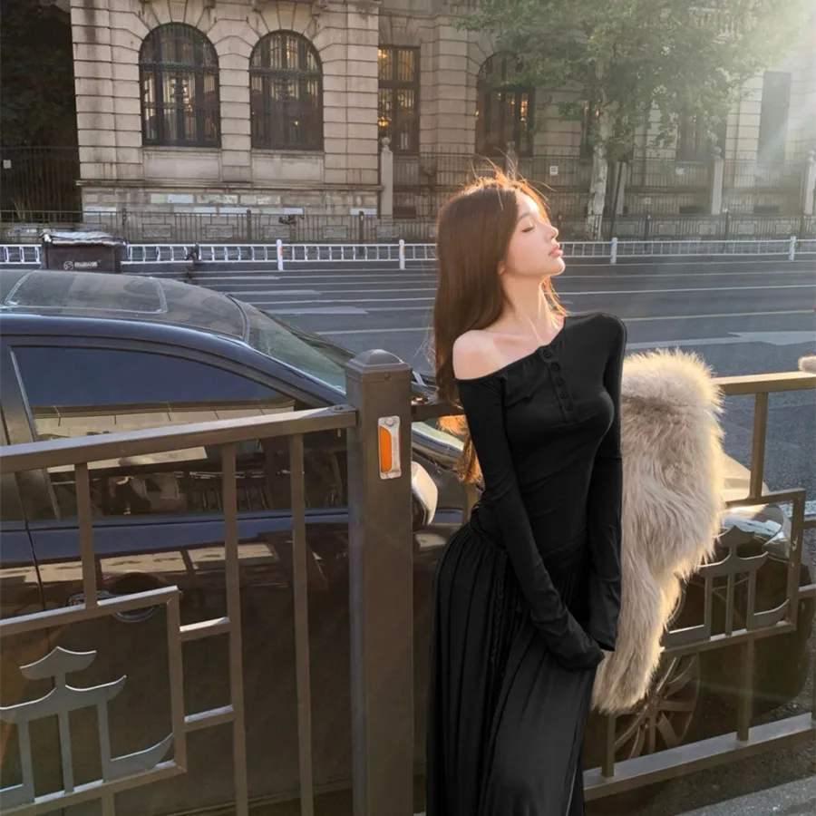 Sexy longue Sve asymétrique oulder minceur Dr rétro vêtements intérieurs trajet taille haute coréen Sle automne nouveau Dr des femmes