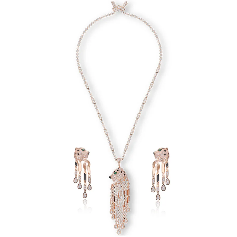 Designer Collection Dinner Party Necklace Earrings Inlay Cubic Zircon Tassels Leopard Pendant Rose Color Chain Jewelry Sets