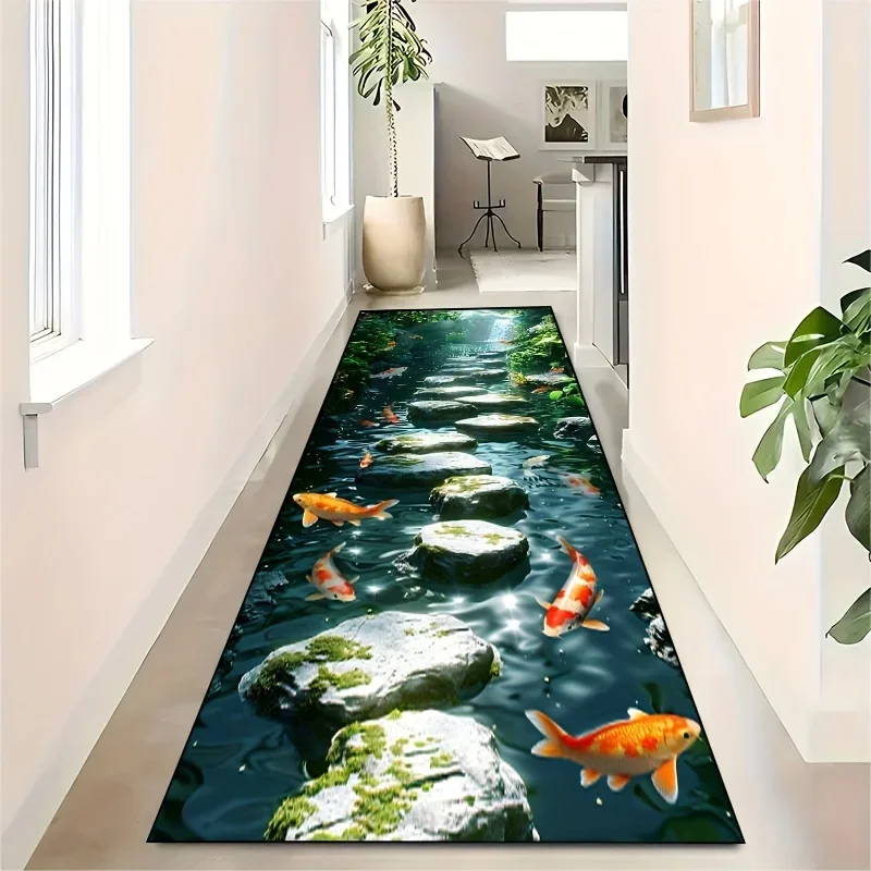 1 X 3D River View Pattern Hallway Mat with Backing, Non-Deformed Extra Long Bathroom Aqua Compatible Stair Carpet Mat