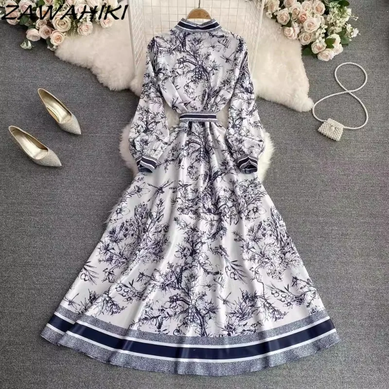 Vestido largo Vintage para Mujer, traje con estampado de vendaje, plisado, con botones, informal, de diseñador, para oficina