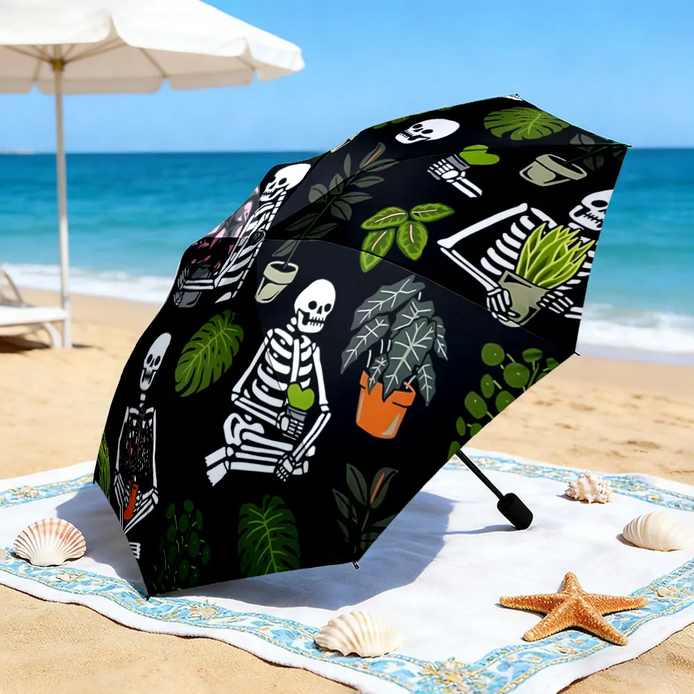1PC Skeletons and Greenery Patterned Umbrella for Outdoors Print 8 Iron Ribs Folding Umbrella Auto-Open Fashion Sunshade