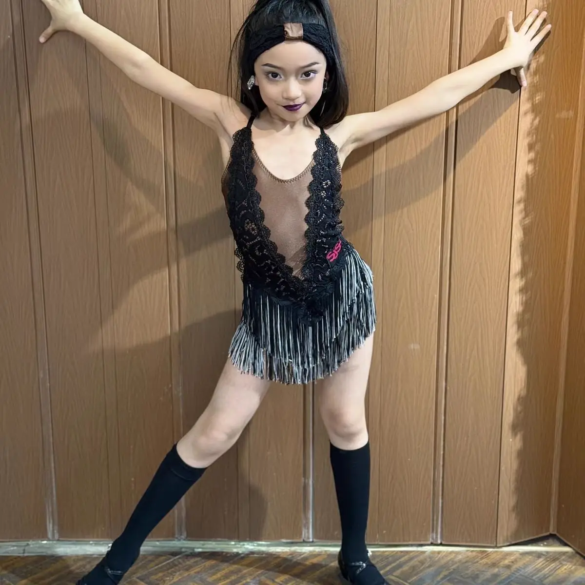 2025년 신상 라틴 댄스 의상 소녀용 스트랩 레이스 태슬 드레스 공연 드레스 차차 룸바 탱고 댄스 어린이 라틴 드레스