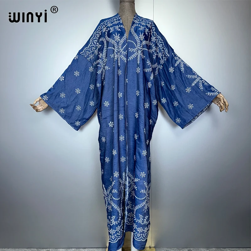 WINYI Embroidered denim Hollow cardigan Women coat Long Dress elegant Party Boho maxi beach Holiday Swimming Cover Up Kimono
