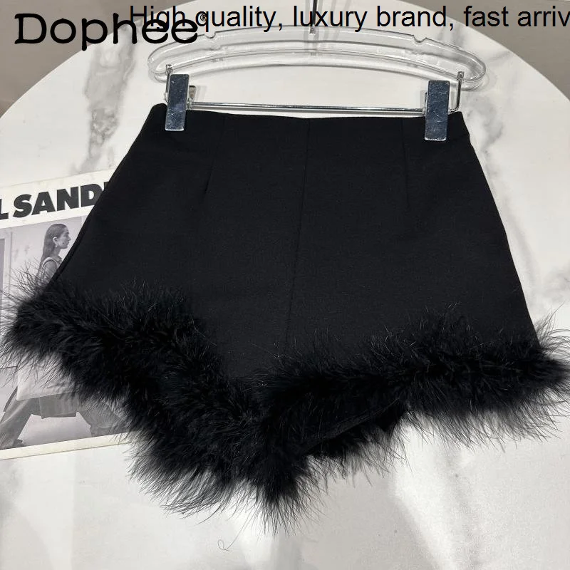 

New Spring Summer Elegant Socialite Furry Stitching Black Women Nightclub Girl Slimming White Casual Shorts Hot Pants