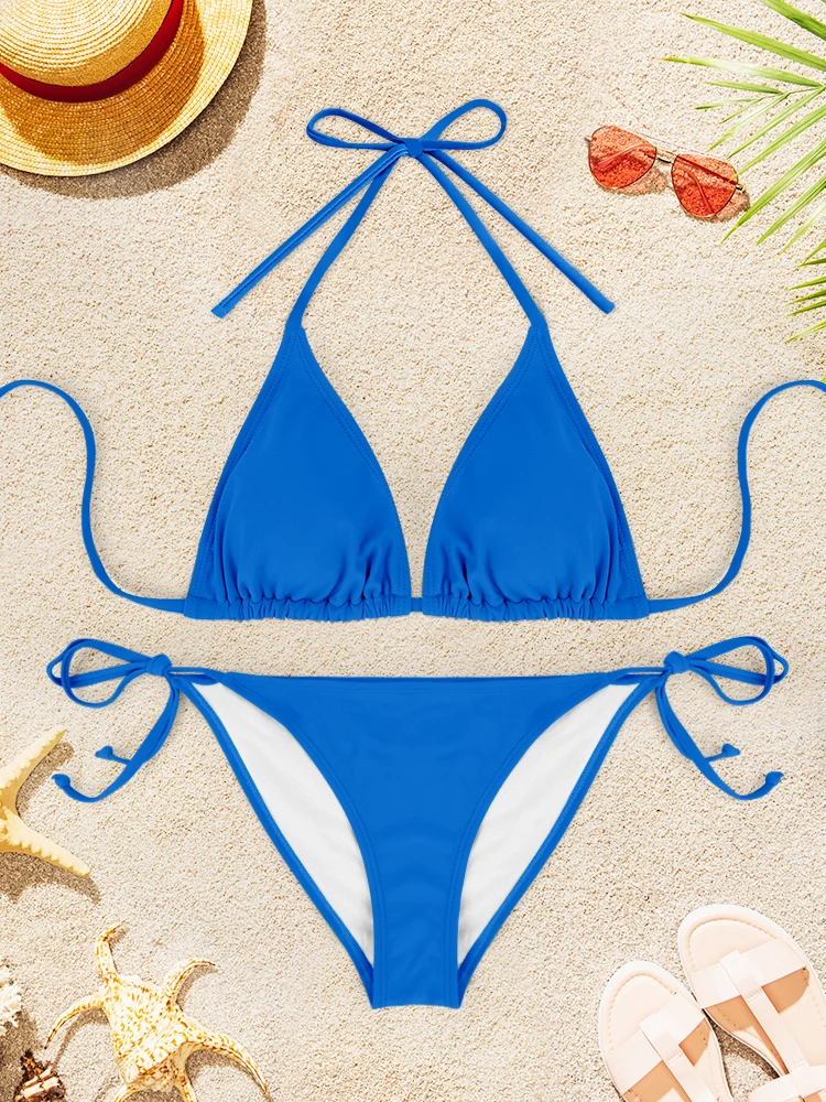 2 قطعة ملابس السباحة مثير عارية الذراعين بيكيني دعوى المرأة لون نقي الخامس الرقبة الحمالات ثوب السباحة 2025 العصرية الجديدة الصيف بحر #3