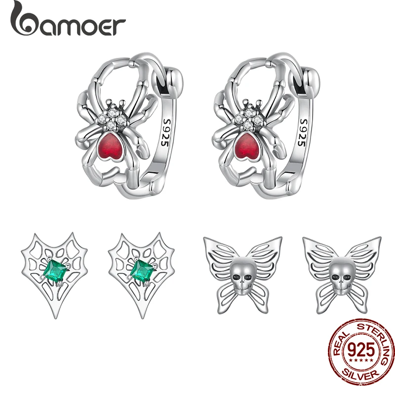 Bamoer Original 925 Sterling Silver Spider Hoop Earrings Skull Butterfly  Spiderweb Stud For Women Party Gift Fine Jewelry