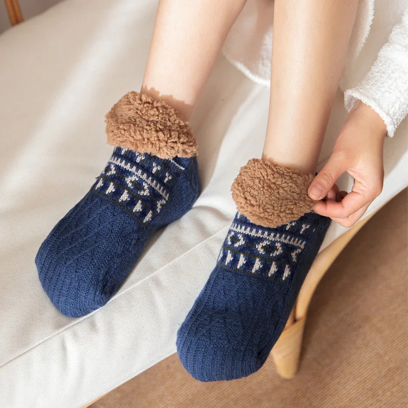 Winter Coral Fleece Floor Socks for Adults Indoor Home Thickened Flocked Snow Boots Men Women Anti-slip Home Slippers