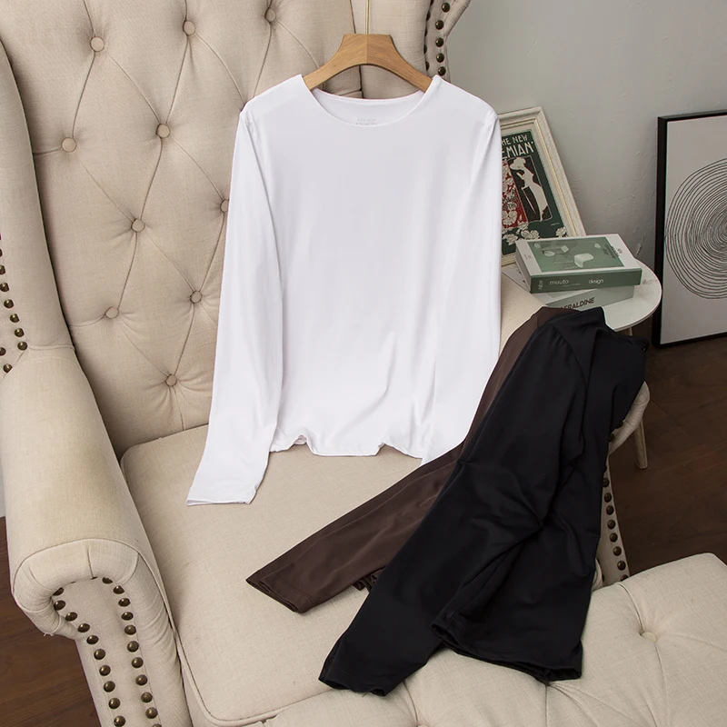 Sl Double Layer Long Sve round Ne Elastic Top Whole Garment | No Trace | High-End Feel | Women's T-irt
