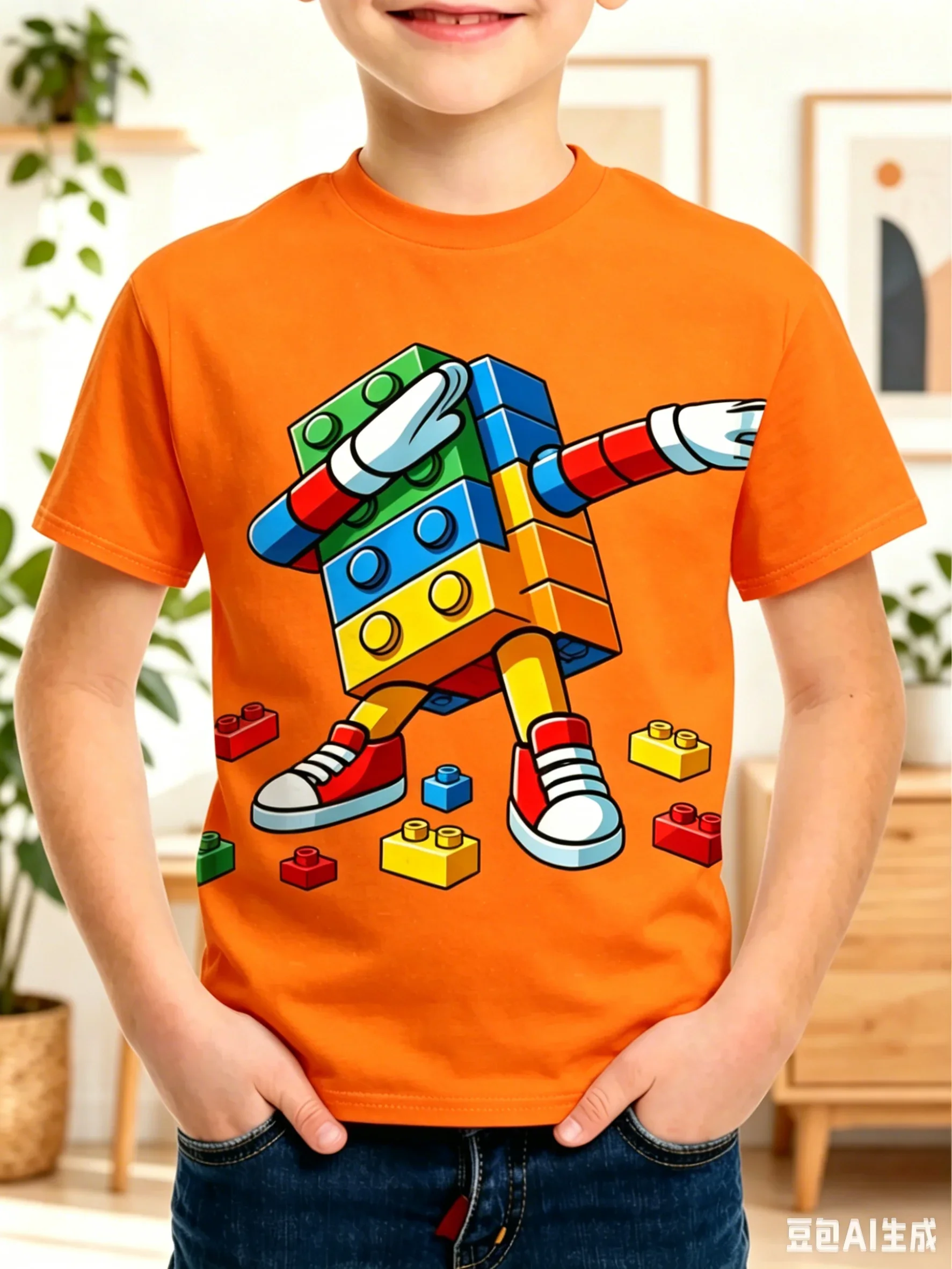 Funny Building Blocks Cartoon 3D Print T-Shirt Outdoor Street Kids Tops Summer Casual Short Sleeve Breathable Crew Neck Tees