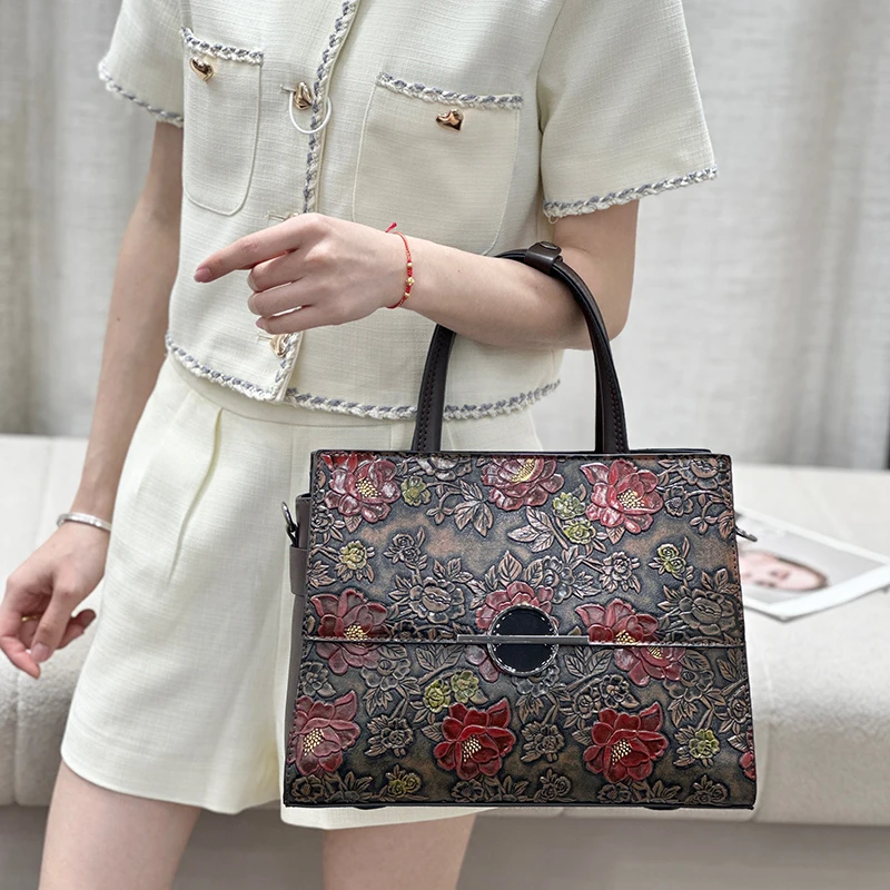 Vintage Floral Embossed Tote Bag for Women Luxury 3D Flower Top-Handle Handbag Elegant Vegan Leather Shoulder Crossbody Purse