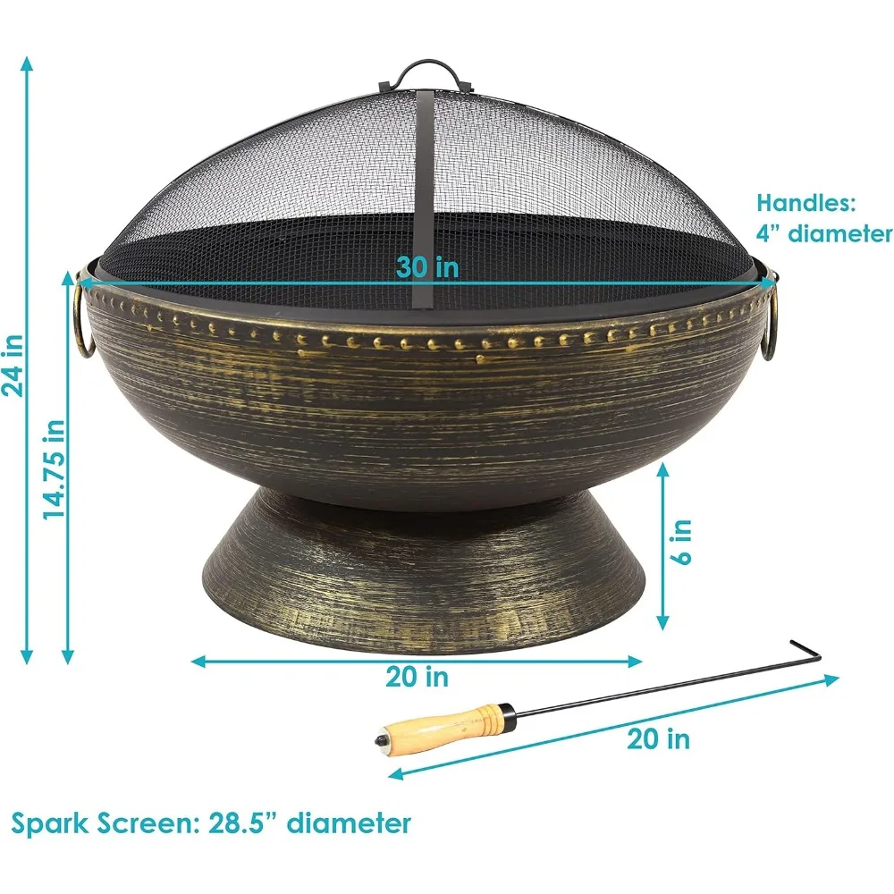 30-Inch Fire Pit Bowl with Spark Screen, Fireplace Poker, and Metal Grate - Black High-Temperature Paint Finish