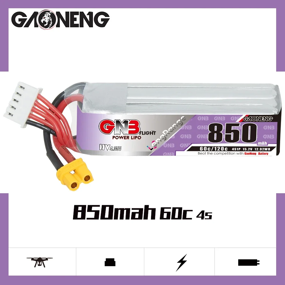 

Gaoneng GNB 850mAh 7.6V/2s 11.4V/3s 15.2V/4s 60C HV Lipo With XT30 Plug For Happymodel FPV Racing Cine Whoop BetaFPV