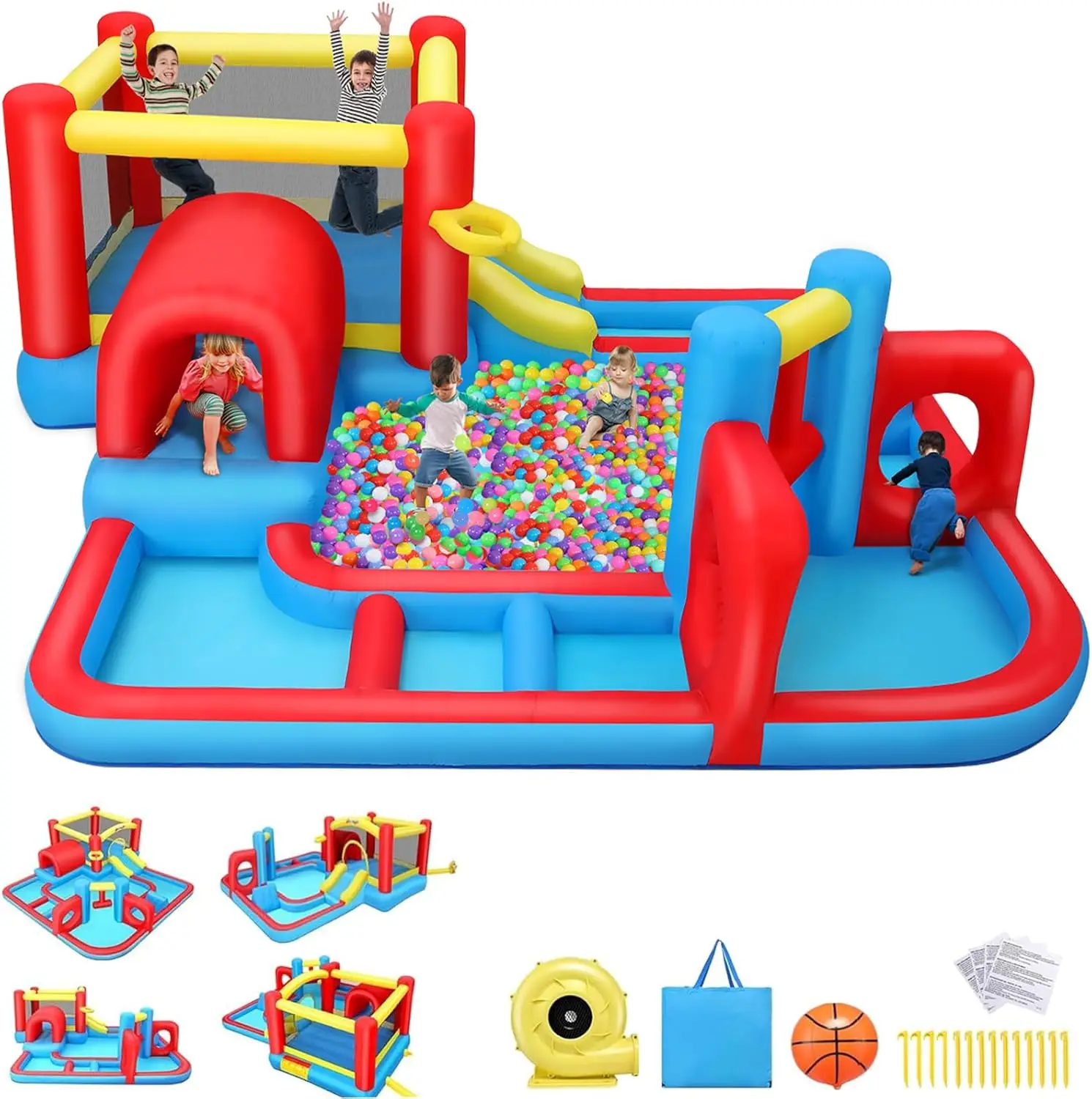 House Waterslide for Kids 3-12 w/Blower, 14.3 x 14.3FT Inflatable Obstacle Course w/Jump Area, Divided Ball Pit, Slide, Obstacle