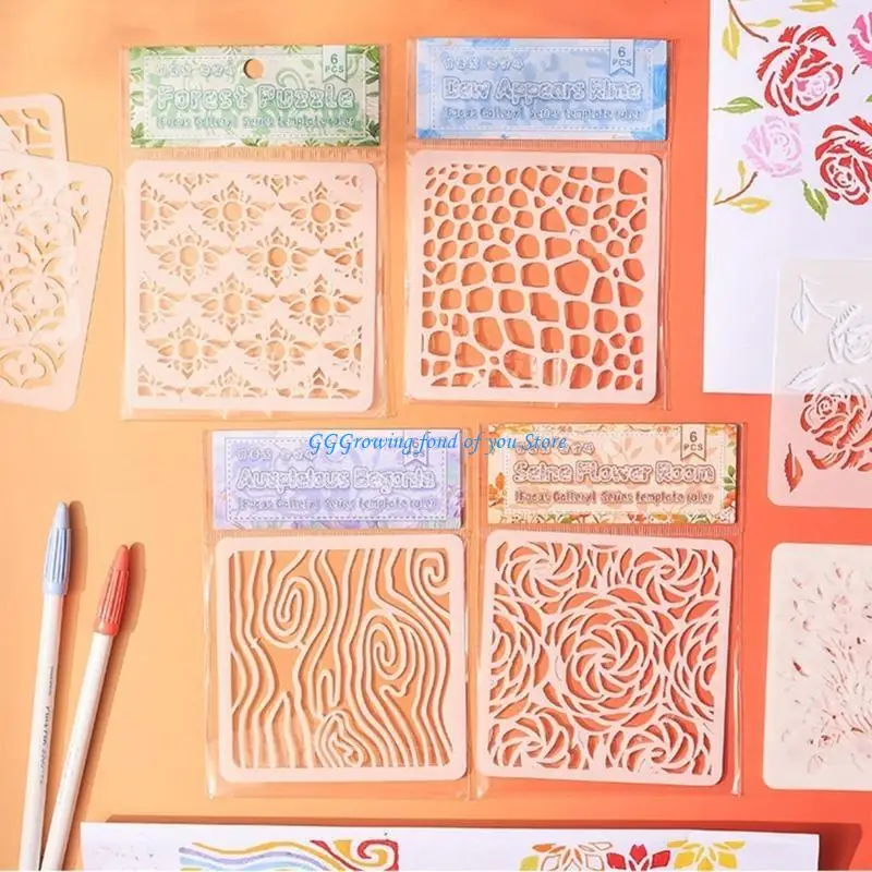 

H9EB 6 Pcs Flowers Stencils Hollow Out Painting Stencils PET Journal Stencils