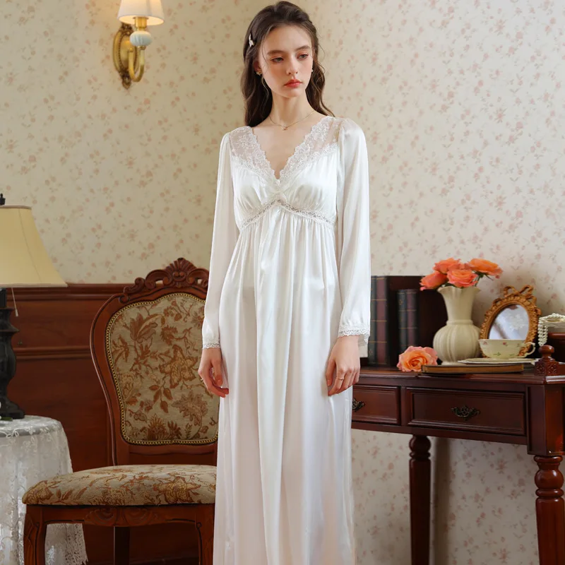

Autumn Retro Nightgown Women Long Sleeve Lace Princess Pajamas Sexy V-neck Palace Long Sleepwear Bow Home Wear Loose Loungewear