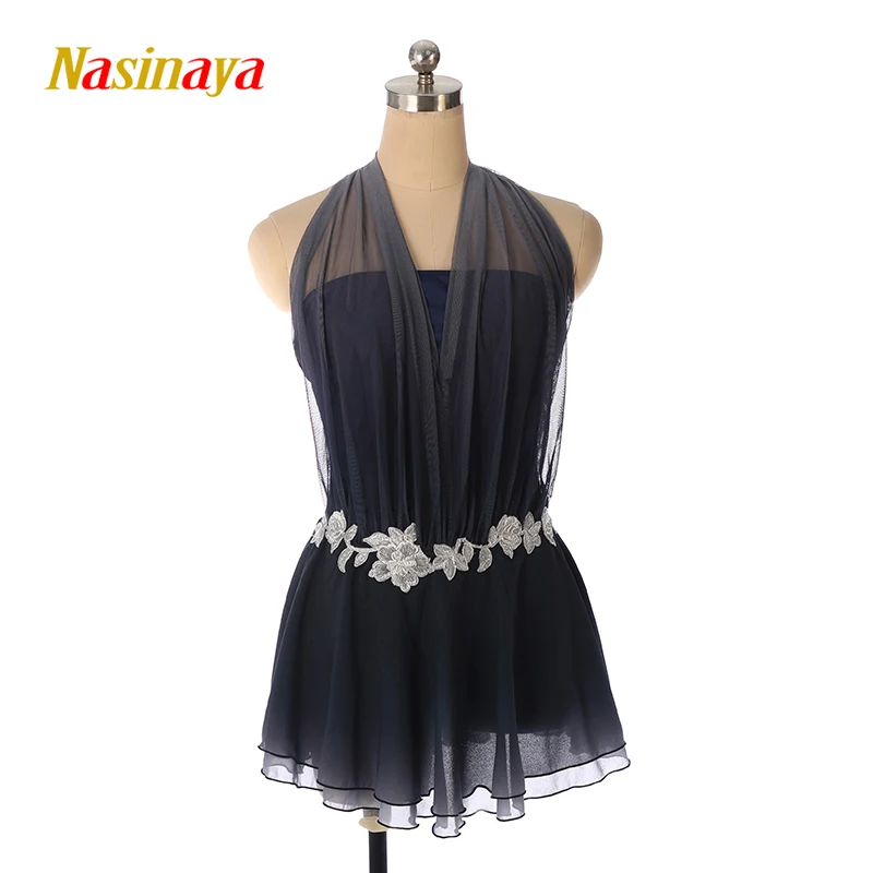 Nasinaya Figure skating outfit, ice skating outfit, performance outfit, sleeveless navy blue mesh, gradient silver flow