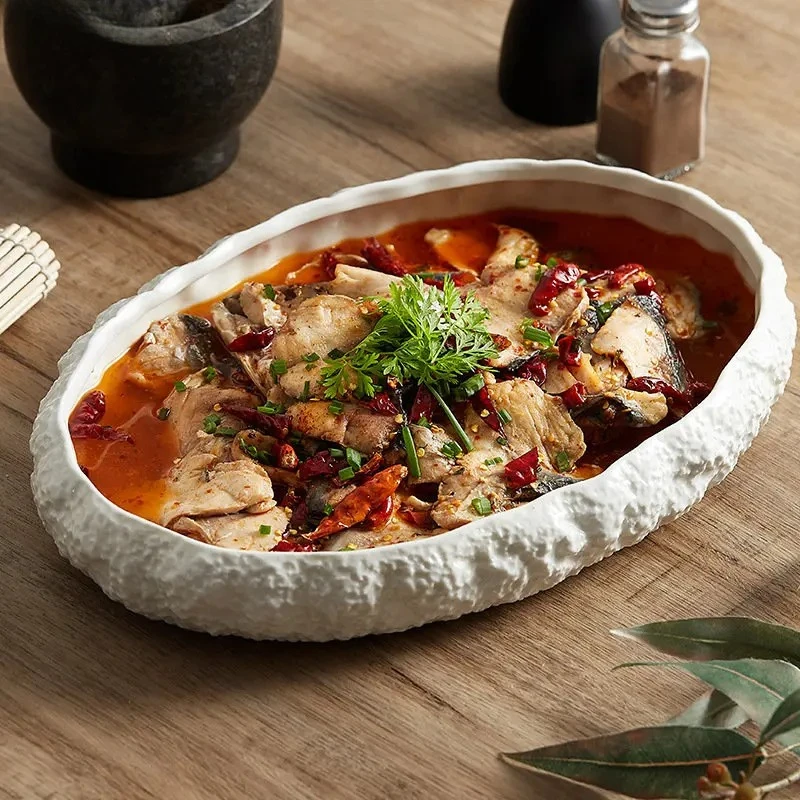 Rock Texture Ceramic Main Dish Plate Kitchen Household Pasta Steak Dish Plate Creative Pure White Characteristic Tableware