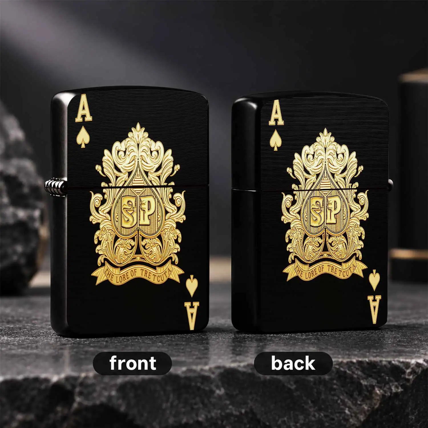 Premium Ace Spade Embossed Lighter, Luxurious Gold Foil Ornate Pattern On Textured Black Surface, Exquisite Retro Craftsmanship, Sleek Elegant Appearance, Perfect For Daily Use, Business Gathering, Travel, Gifting To Sh A Humorous And Inter