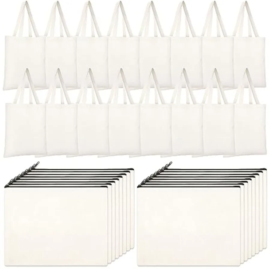 

32 Pcs DIY Canvas Tote Bags Inner Pocket Reusable Bags Bulk Cosmetic Zipper Makeup Pouch for Gift Beige