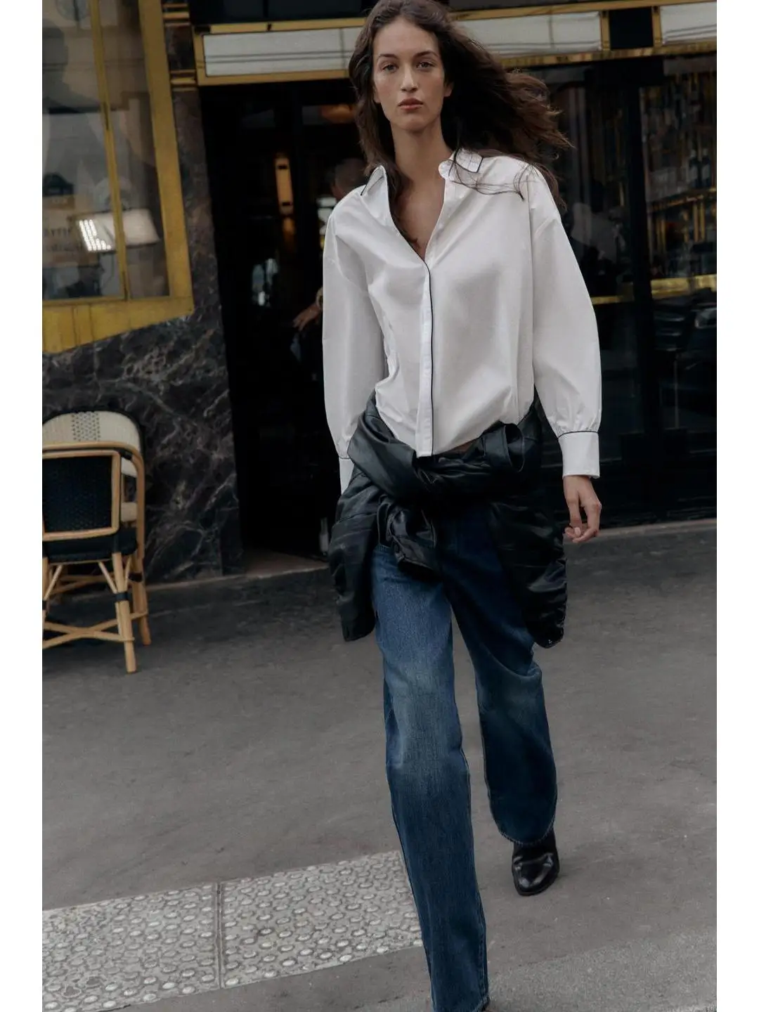 

Повседневная женская рубашка с длинным рукавом, воротником-стойкой и контрастной отделкой, из тонкого материала премиум-качества