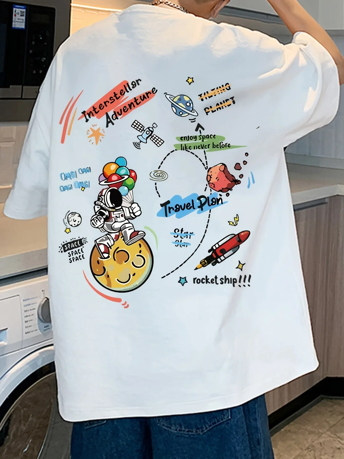 Astronaut Space Men's T-shirt Doodle Graphic Casual Cotton Short Sleeve Tops Summer Streetwear