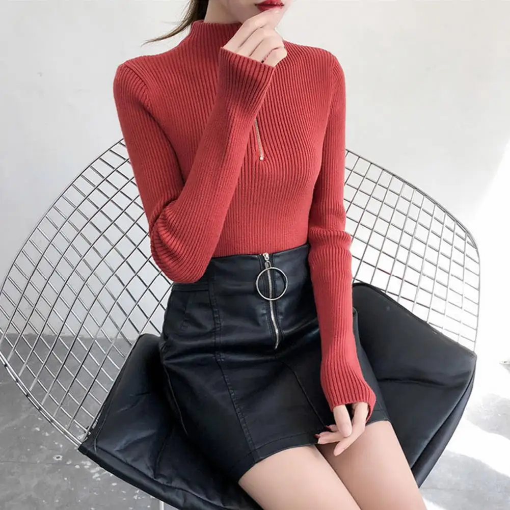 

Women Fashion Stylish Autumn Winter Women's Knitted Pullover Sweater Half Turtleneck Zipper Neckline for Office for Layering