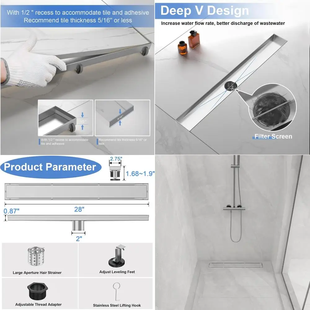 

28 Long Brushed Nickel Shower Drain with Tile Insert, SUS 304 Stainless, Adjustable Feet, Hair Catcher for Bathroom