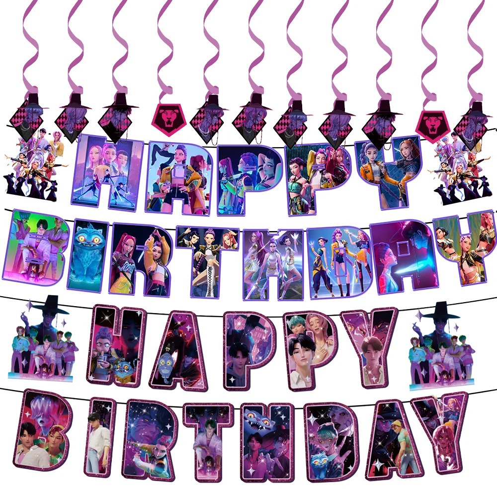 

Demon Hunters Birthday Banner Decor Cartoon Puppy Paper Banner and Hanging Swirls for Kids Boys Baby Shower Hunters Party Suppli